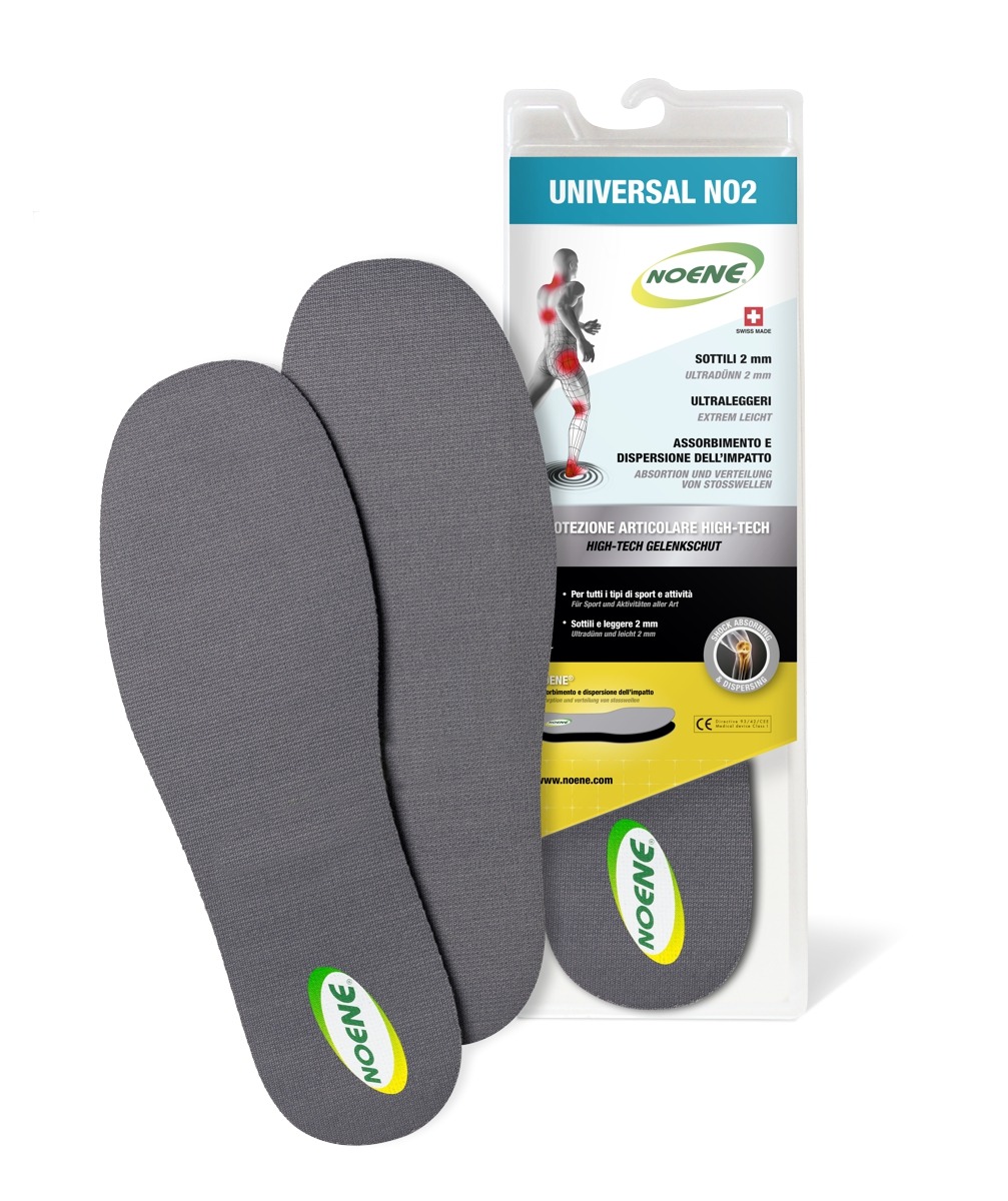 SOLETTA AMMORTIZZANTE UNIVERSAL NO2 DI NOENE assorbe e disperde le onde di shock che si propagano ad ogni passo per evitare che danneggino il nostro corpo. Adatte nel lavoro, nello sport e nel tempo libero.