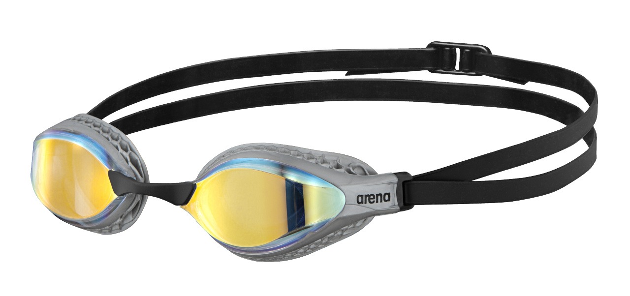 ARENA 003151 AIR-SPEED MIRROR 201 YELLOW-SILVER occhialini Air Speed Mirror di Arena modello, pensato per il nuoto competitivo, ha delle speciali guarnizioni con struttura a nido d'ape, che aderiscono perfettamente alla forma del tuo viso studiate per ridurre la pressione intorno agli occhi